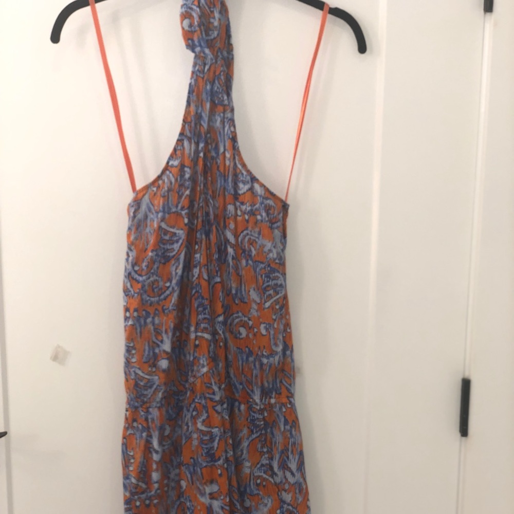 BCBG Orange and Blue Print Halter Romper